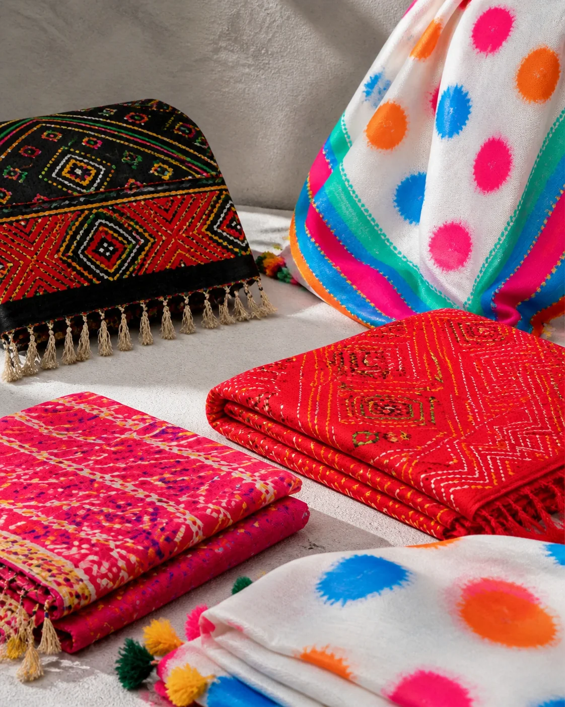 Vivid printed cotton dupatta fabric panels with geometric motifs and fringed edges