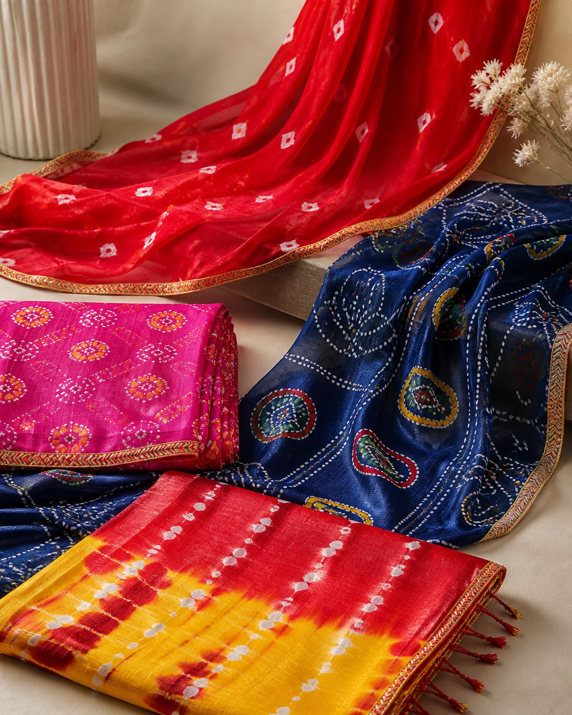Vermilion, navy, fuchsia and red-yellow rayon dupatta fabric panels with decorative borders