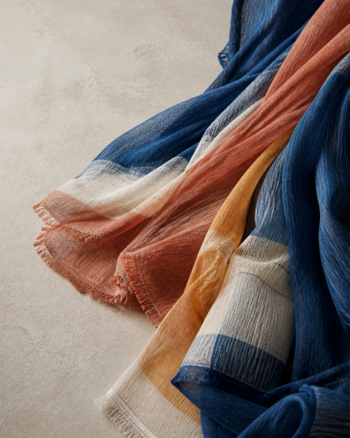 Indigo, clay and saffron lightweight scarf fabric study
