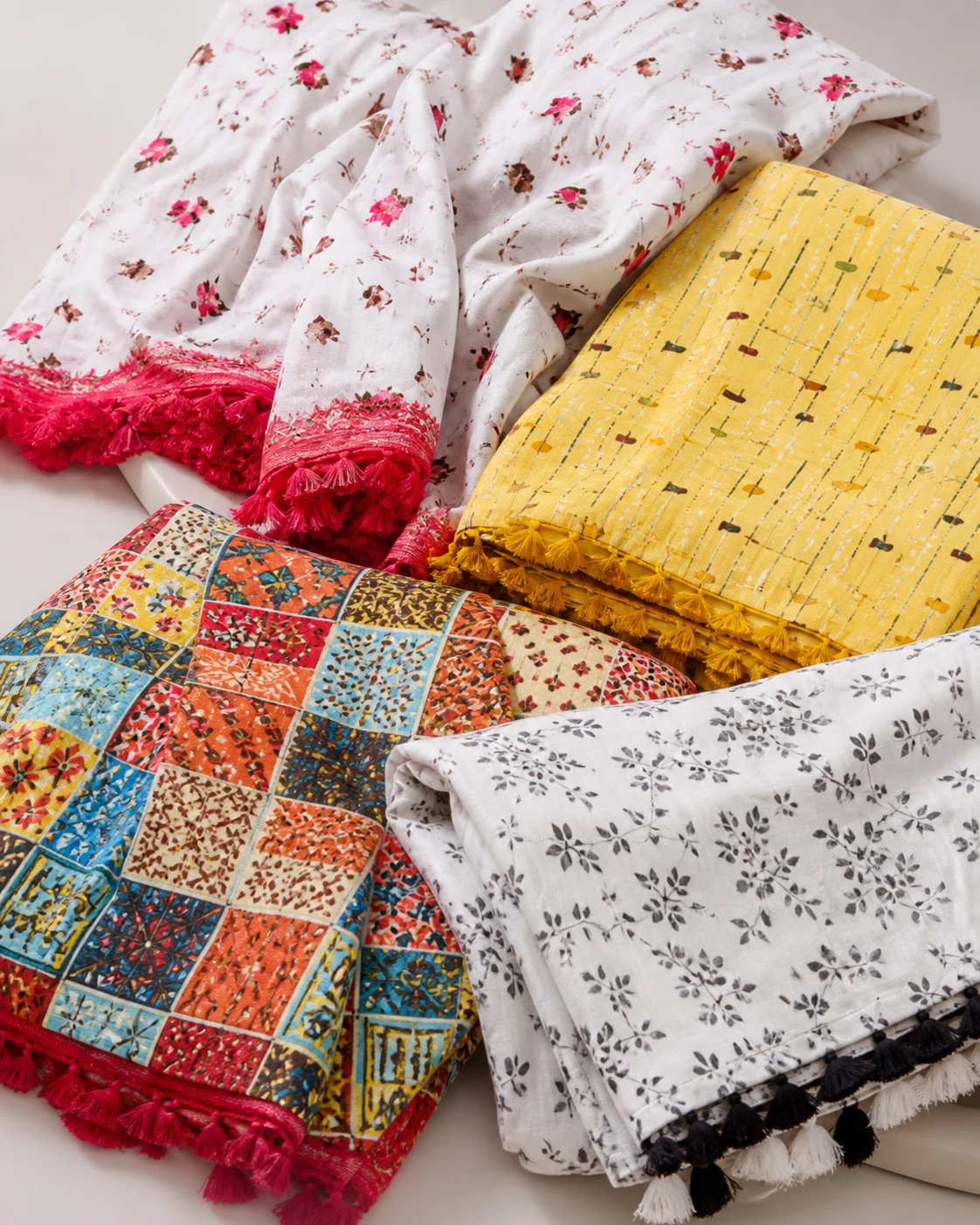 White floral, yellow, pink and multicolour semi-cotton dupatta fabric panels with tassels